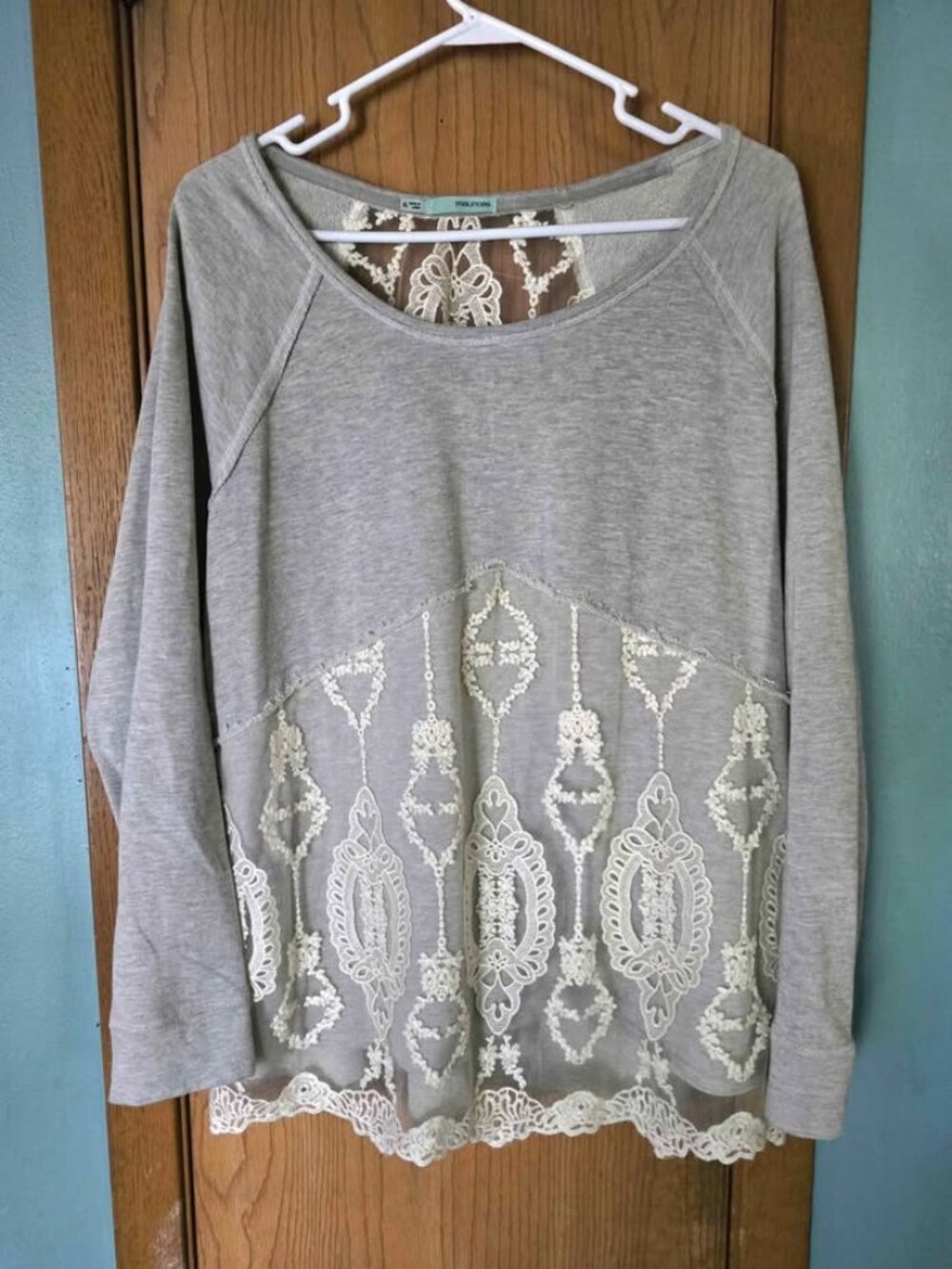 Size XL Maurices Gray with Sheer White Lace Long Sleeve Shirt